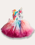Rainbow Unicorn Appliqué Tulle Party Dress